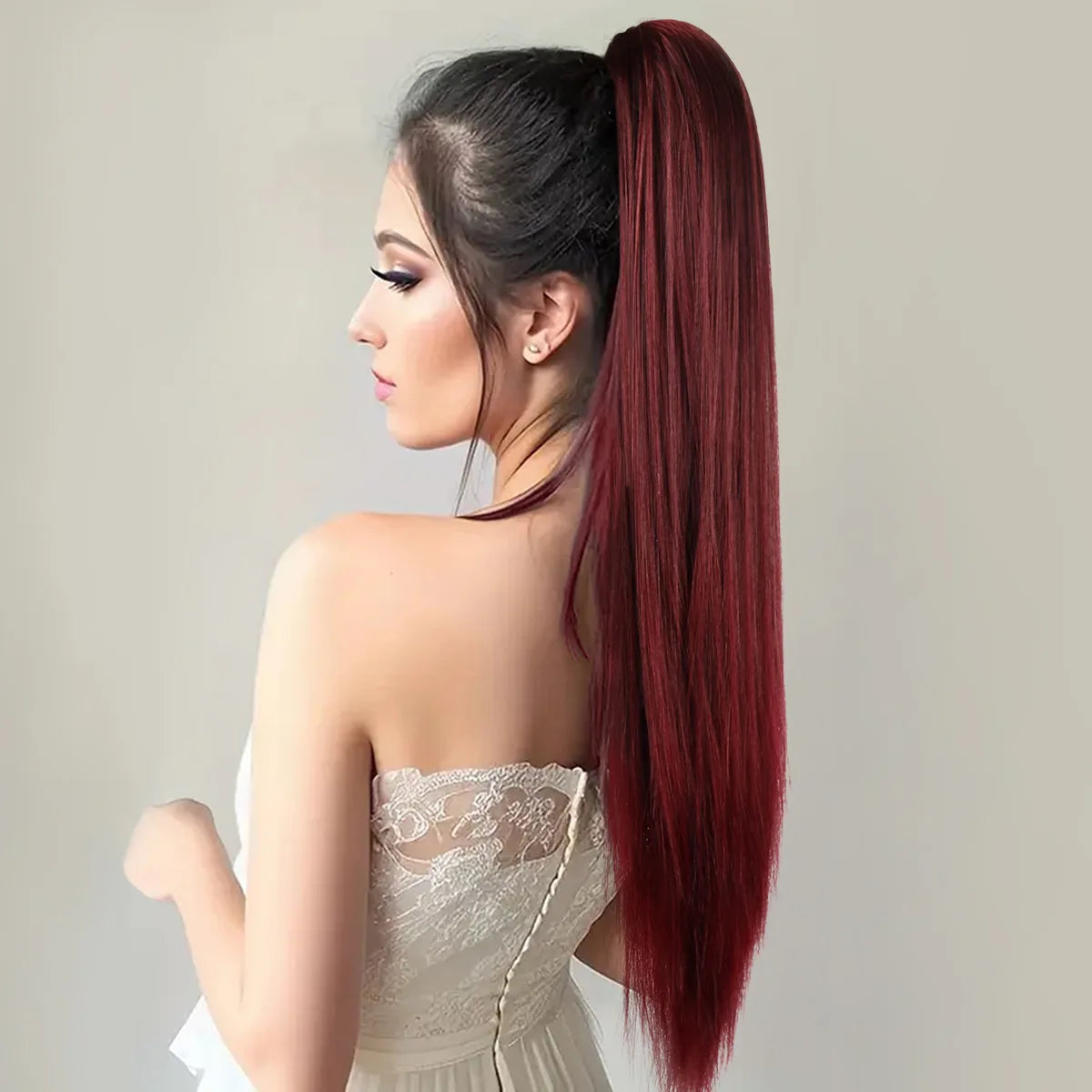 Queue de cheval rouge vin euro-américaine pour femmes, fibre haute température à la mode, tresse queue de cheval droite synthétique à clipser sans couture
