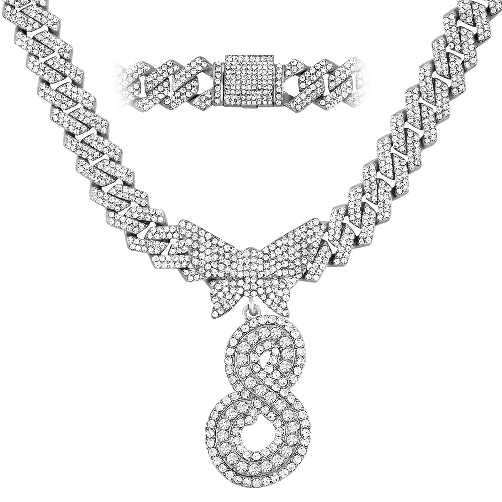 Collier chaîne cubaine 14 mm pour hommes et femmes, avec pendentif papillon en cristal et initiales, lettres cursives style “iced out”, bijou de style rappeur, nouveau bijou de mode.