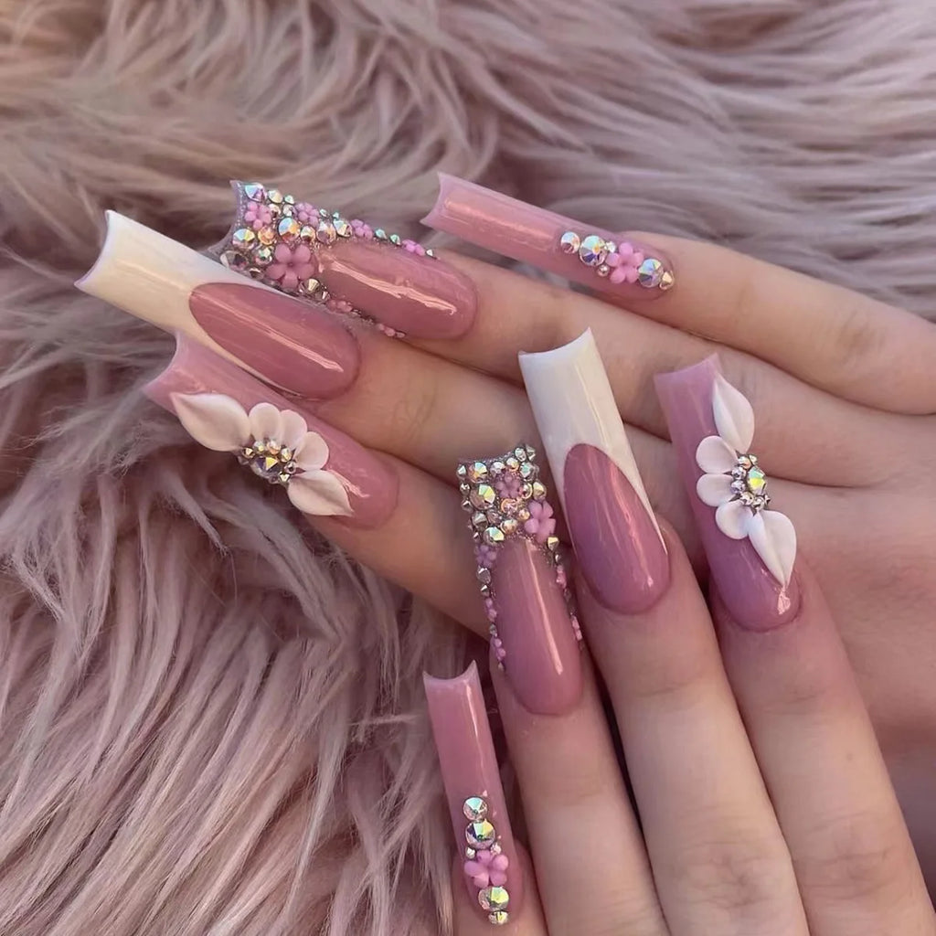 24 pièces – faux ongles longs carrés style français, design cœur 3D, ongles press-on avec strass, motif décoratif, faux ongles portables pour nail art