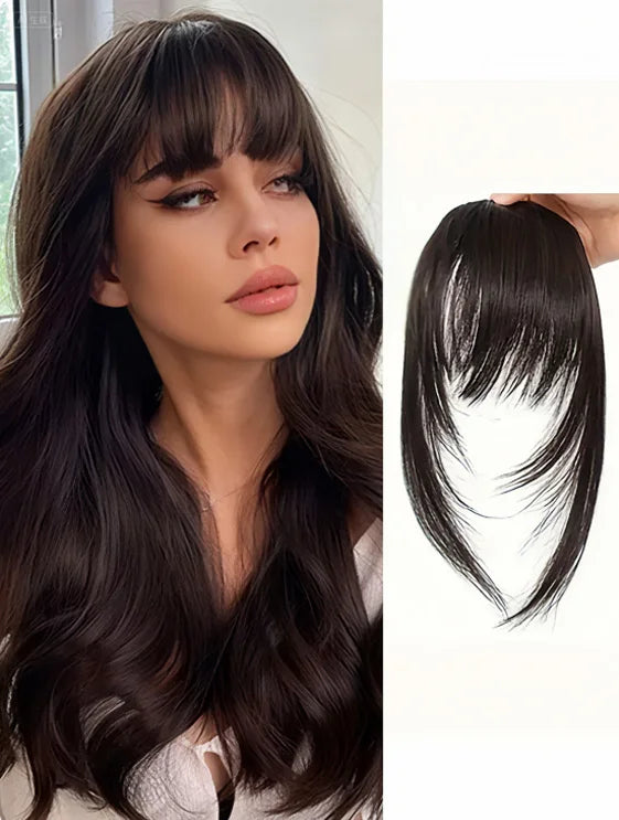 Frange à clipser en cheveux synthétiques, frange vaporeuse coupée avec favoris, aspect naturel marron foncé pour femmes, tenue de fête quotidienne