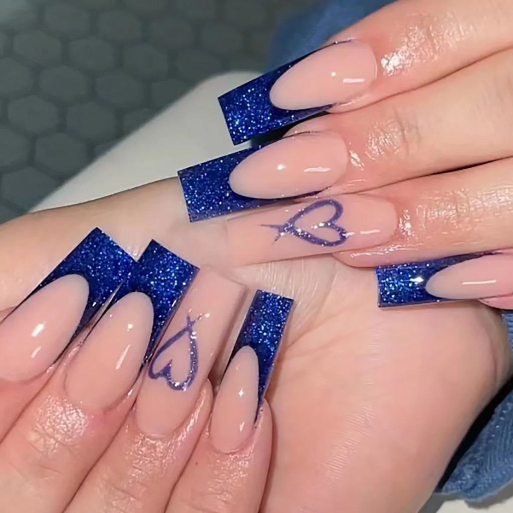 24 pièces – faux ongles longs carrés style français, design cœur 3D, ongles press-on avec strass, motif décoratif, faux ongles portables pour nail art