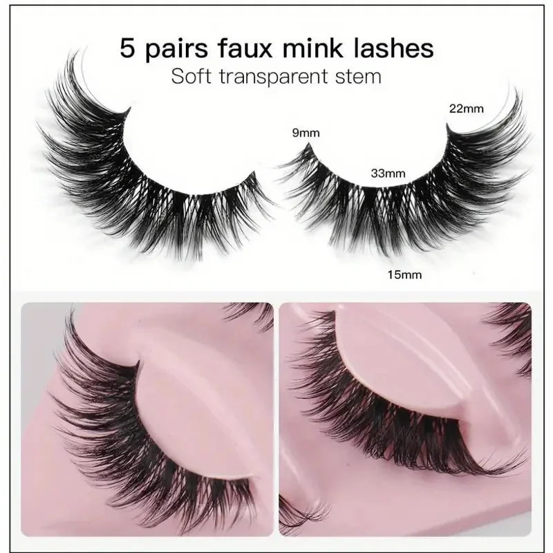 Faux cils en vison, 5 paires, maquillage, allongé