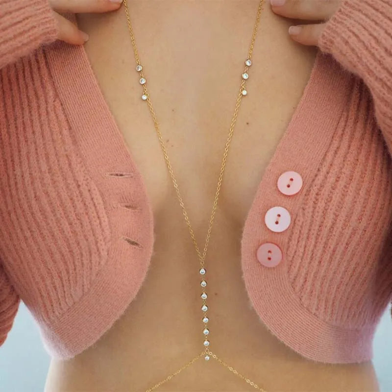 Chaîne de poitrine sexy en métal avec zircons pour femmes, simple, couleur dorée, double couche avec pendentif coquillage, chaîne de taille, accessoires de bijoux pour fête.