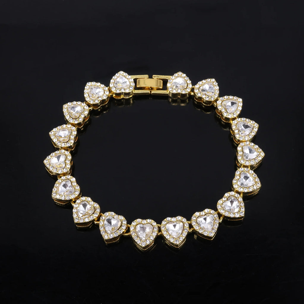 Yupsk 45CM/20CM coeur brillant strass Hip Hop Rock Tennis chaîne Bracelet collier pour femmes hommes à la mode ensemble de bijoux cadeau