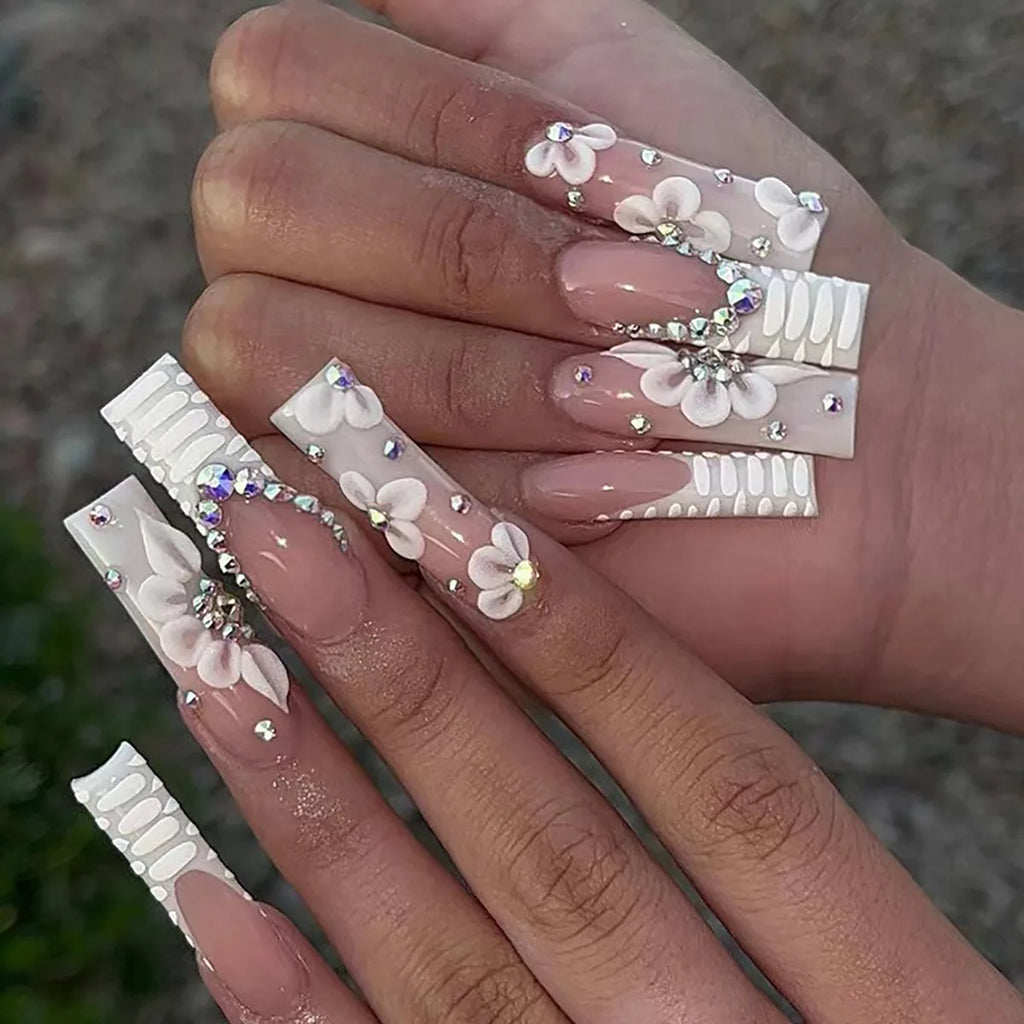 24 pièces – faux ongles longs carrés style français, design cœur 3D, ongles press-on avec strass, motif décoratif, faux ongles portables pour nail art
