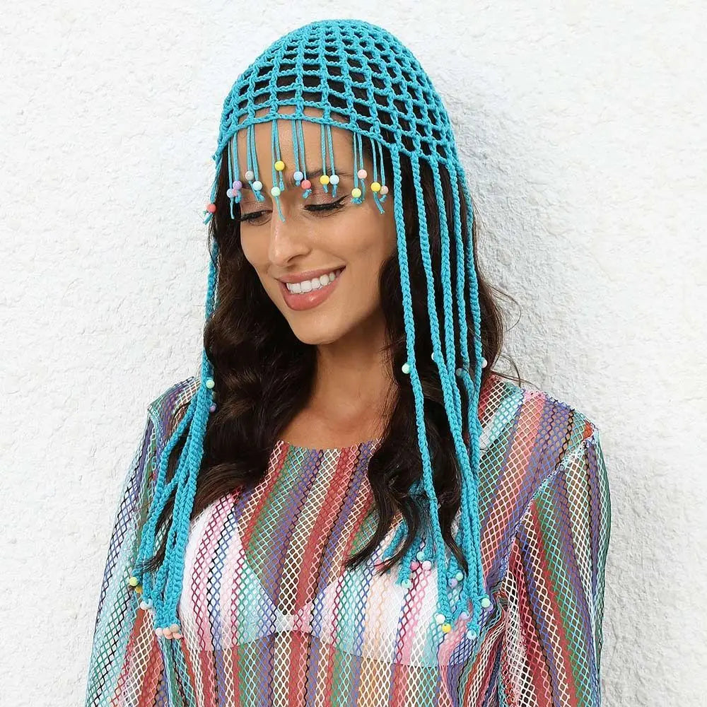 Chapeau tricoté ajouré respirant, béret Y2k fait à la main avec perles et pompons, chapeaux décontractés au Crochet pour femmes