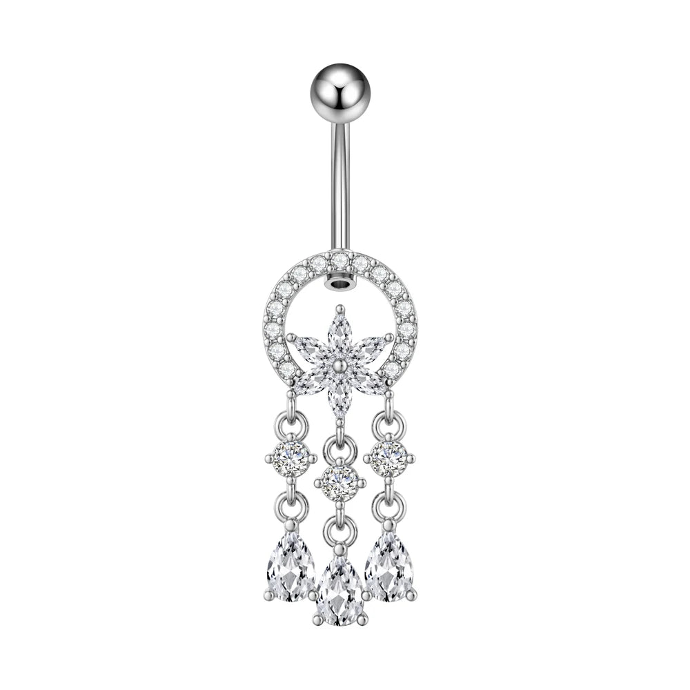 Anneaux de nombril série couleur or, carillon éolien, fleur pendante, cœur, anneau de ventre en acier inoxydable, bijoux de perçage de nombril, 1 pièce