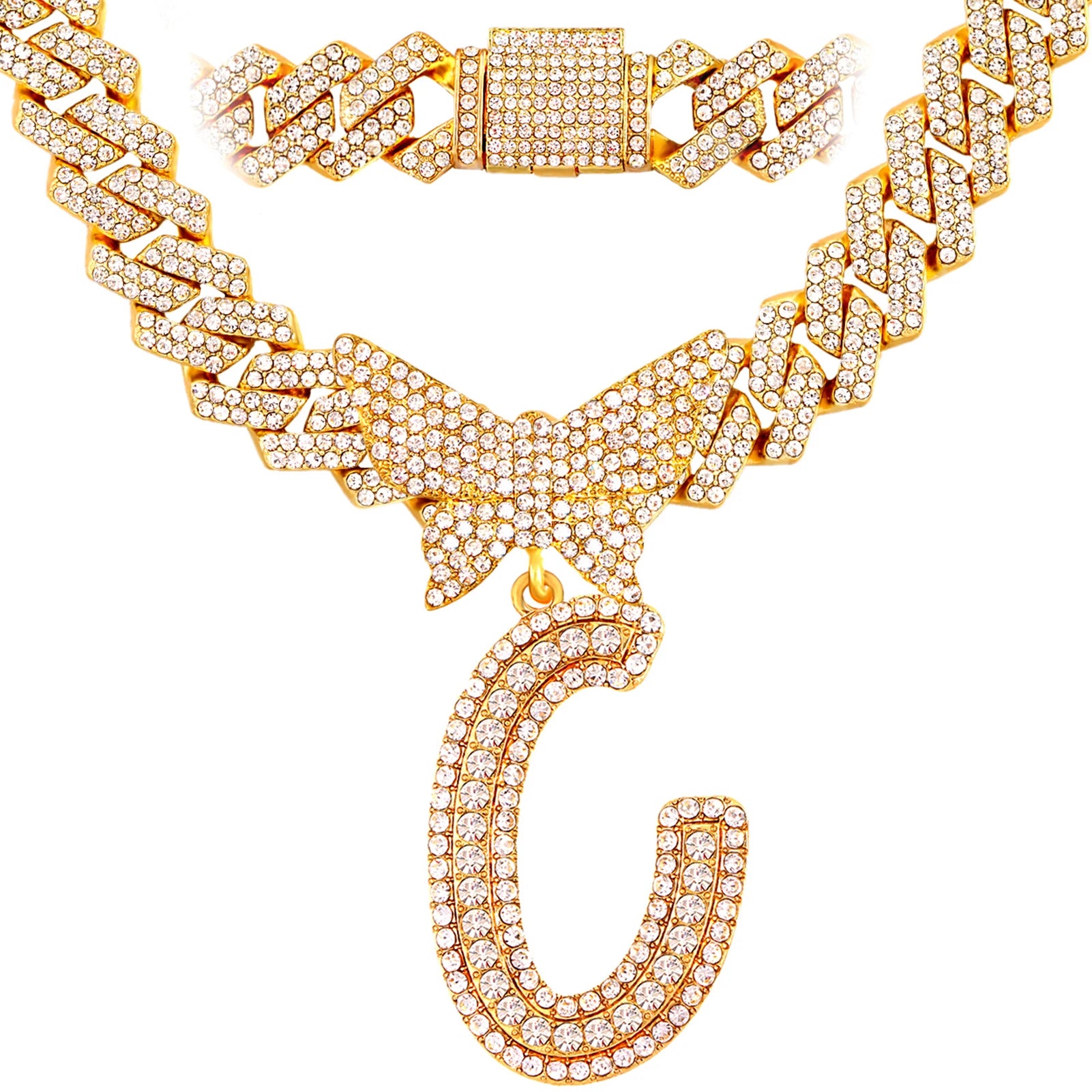 Collier chaîne cubaine 14 mm pour hommes et femmes, avec pendentif papillon en cristal et initiales, lettres cursives style “iced out”, bijou de style rappeur, nouveau bijou de mode.
