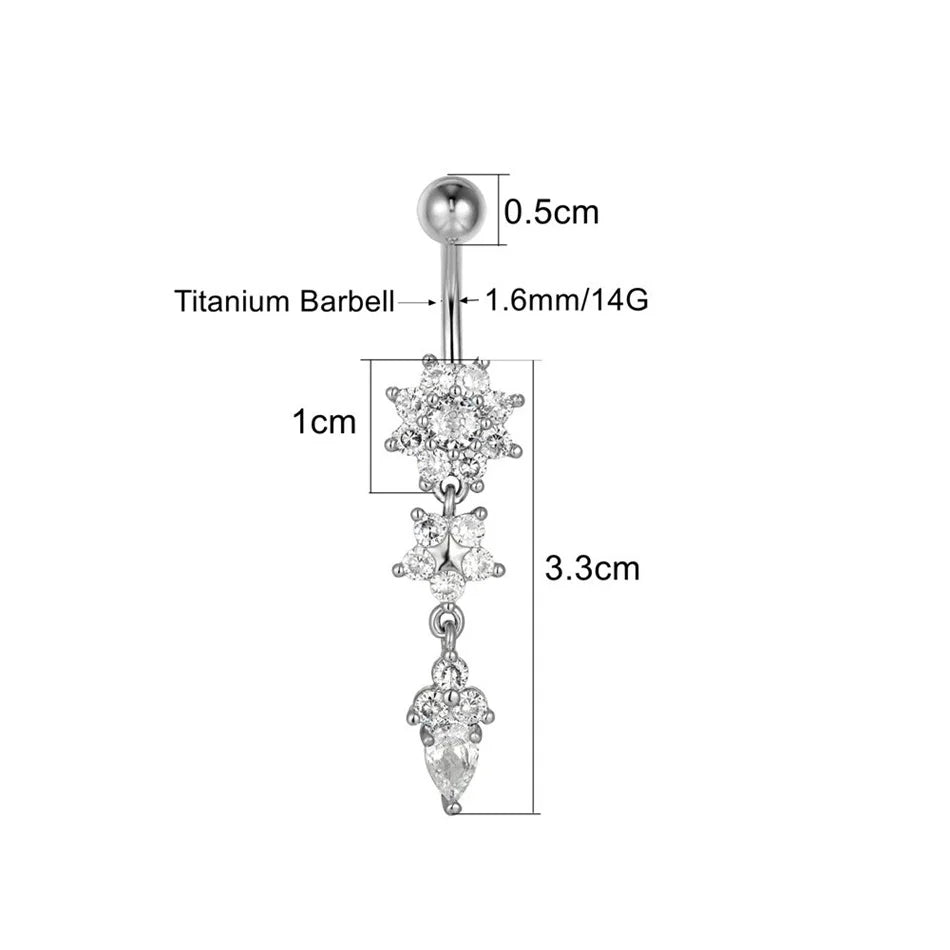Bijou de nombril pour femme – piercing de ventre en acier inoxydable avec chaîne longue, pampilles et fleur pendante, accessoires de corps pour soirée et plage