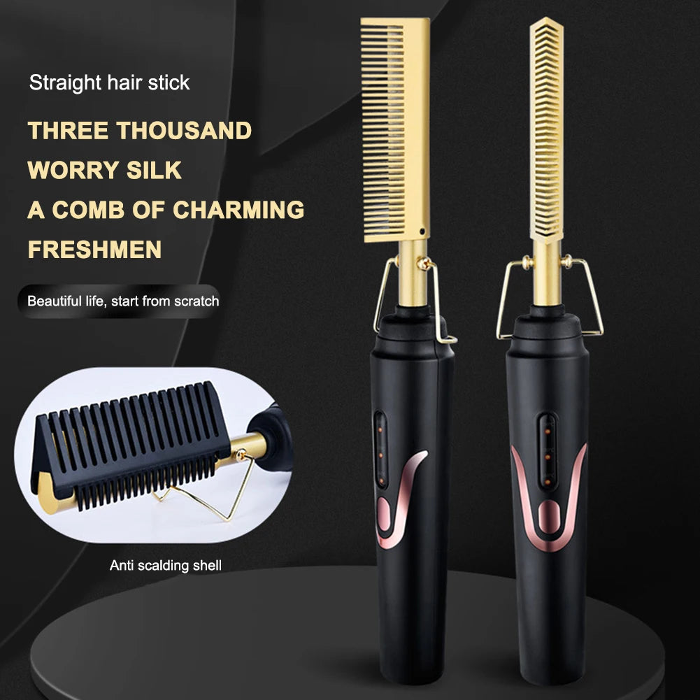Brosse lissante électrique compacte et rechargeable, idéale pour lisser et discipliner les cheveux rapidement à la maison ou en déplacement.