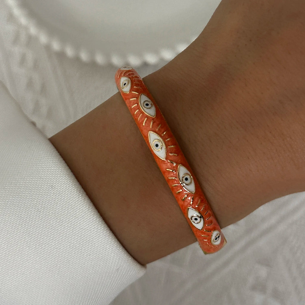 Bracelet élégant en émail goutte d'eau à texture florale pour femme, plaqué or rétro, avec zircon floral et motif œil porte-bonheur, bijou de fête