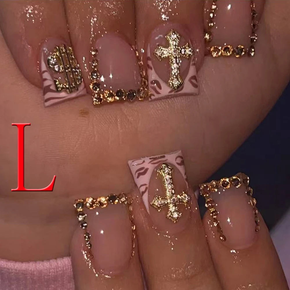 10 pièces diamant français pointu ongles courts carrés ongles nus faux ongles avec paillettes dorées diamant ongles imprimé léopard faux ongles