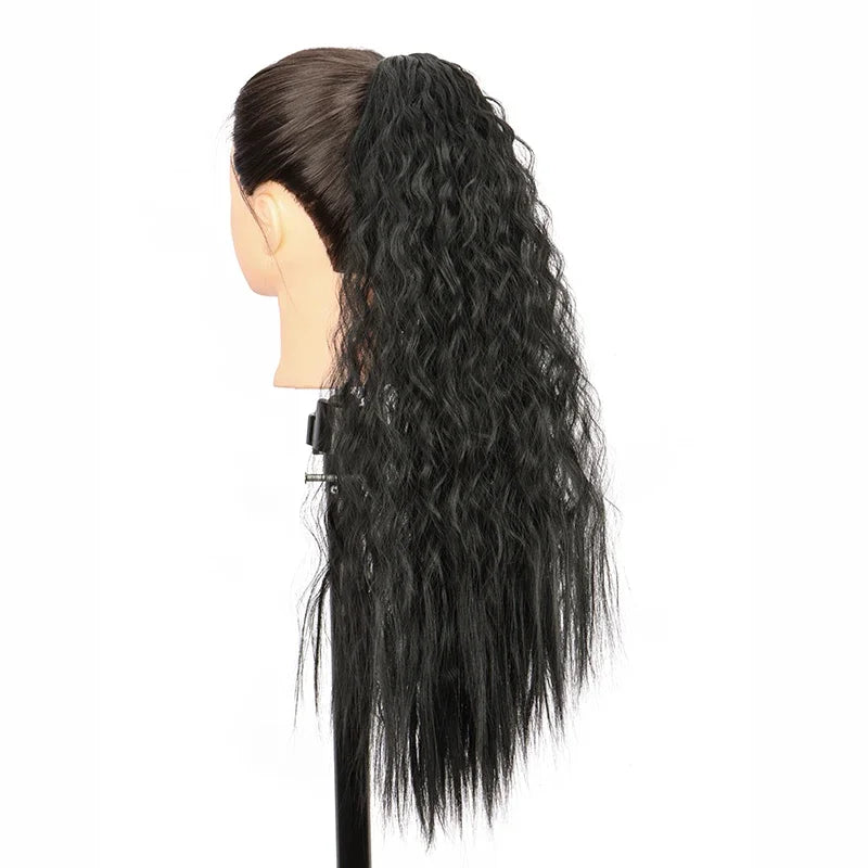 Queue de cheval synthétique longue et bouclée de 22 pouces, extension de cheveux à cordon de serrage, postiche noir à clipser pour femme