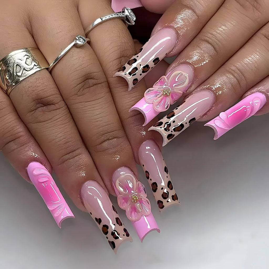 24 pièces – faux ongles longs carrés style français, design cœur 3D, ongles press-on avec strass, motif décoratif, faux ongles portables pour nail art