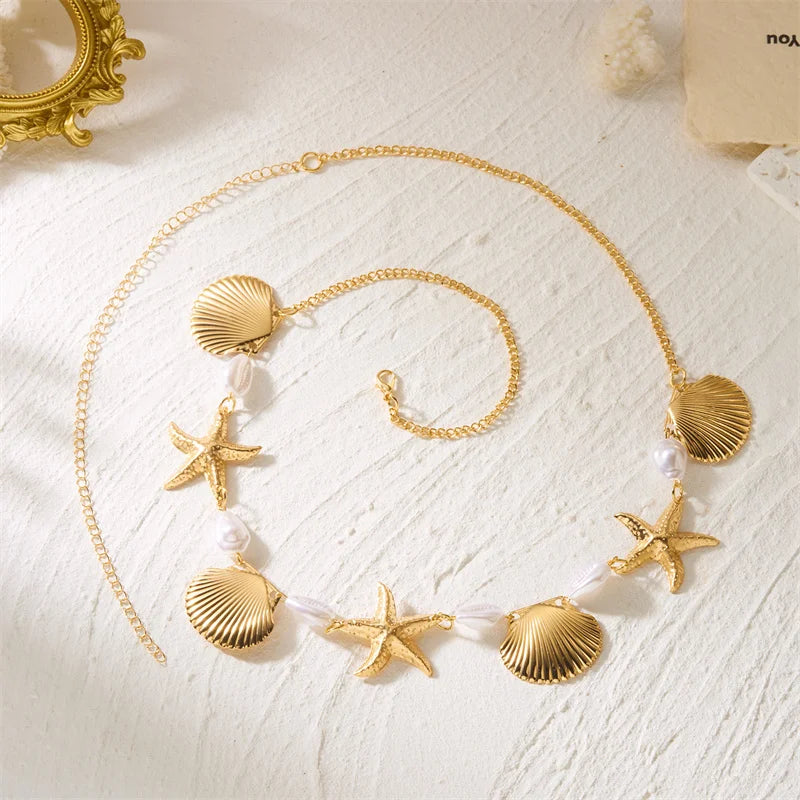 Chaîne de taille bohème en métal avec étoile de mer et coquillages pour femmes et filles, chaîne de ventre perlée sexy pour l'été, la plage, le bikini, les fêtes et les vacances
