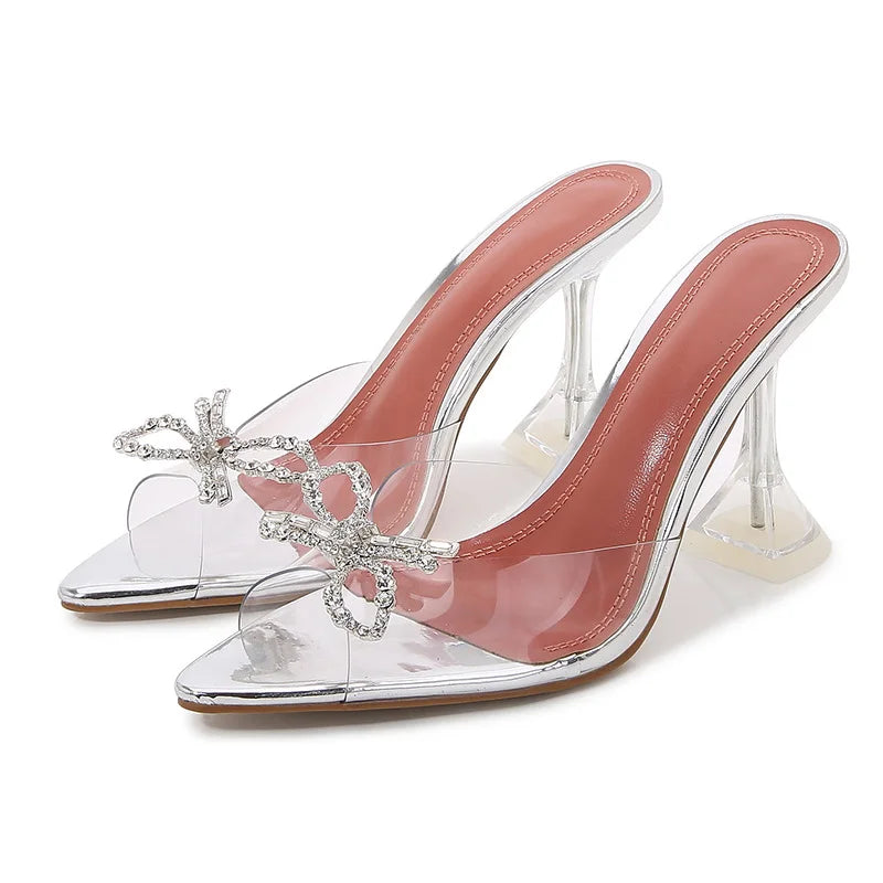 Grande taille 35-45, mules transparentes en PVC avec strass et nœud, élégantes sandales à talons hauts pour femmes, chaussures d’été tendance, sandales et mules à enfiler.