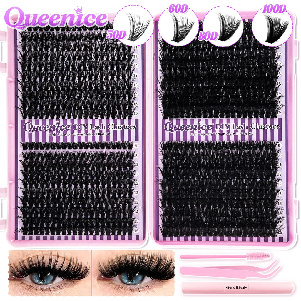 Kit d’extensions de cils DIY en bouquets – Faux cils individuels à poser soi-même, longueurs de 9 à 16 mm. Effet léger et naturel (wispy). Kit complet incluant colle (bond) et fixateur (seal) pour une meilleure tenue des cils
