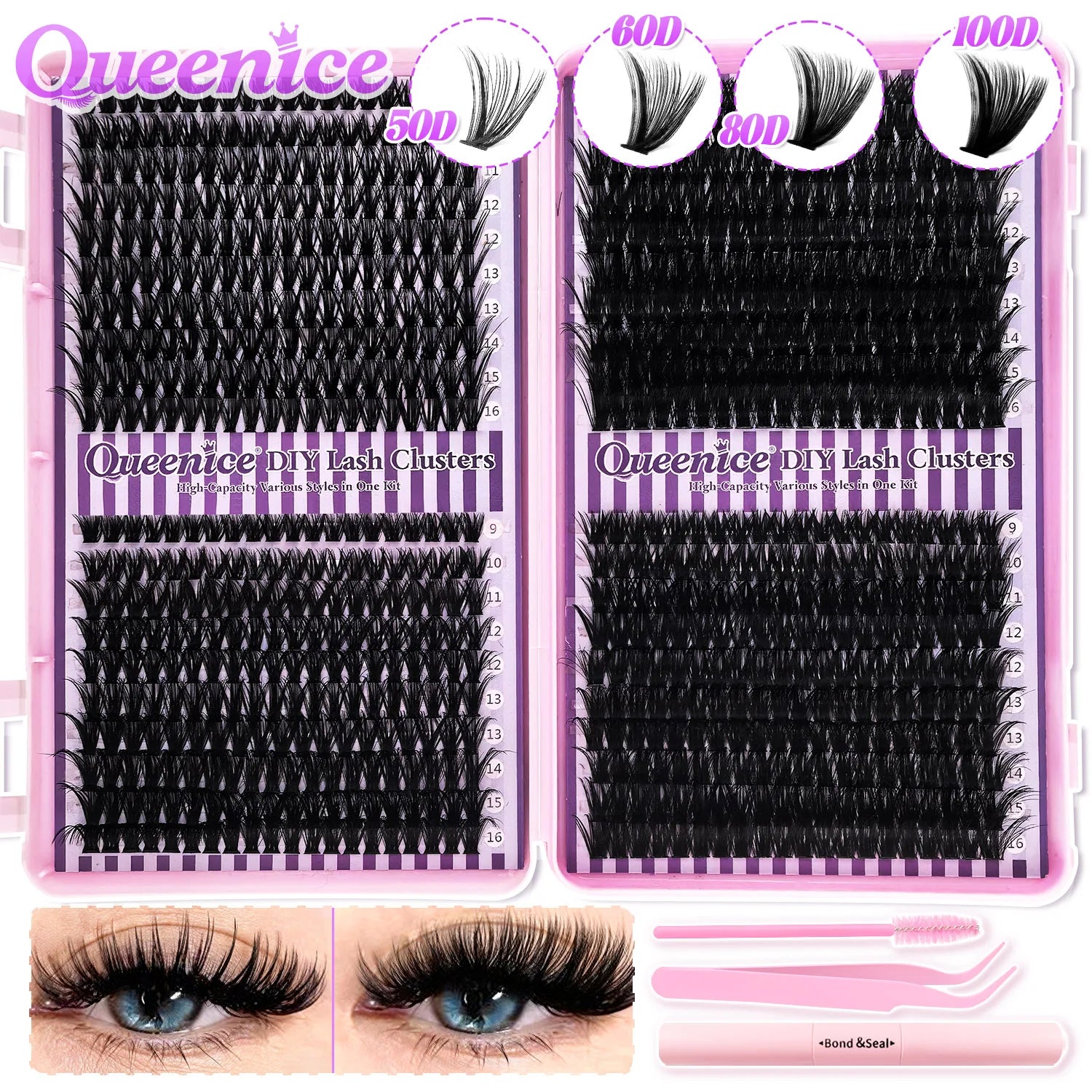 Kit d’extensions de cils DIY en bouquets – Faux cils individuels à poser soi-même, longueurs de 9 à 16 mm. Effet léger et naturel (wispy). Kit complet incluant colle (bond) et fixateur (seal) pour une meilleure tenue des cils
