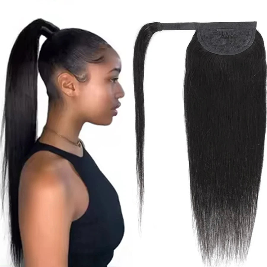Extension de queue de cheval lisse à clip – cheveux humains 100 % Remy, couleur noir naturel, postiche queue de cheval pour femme