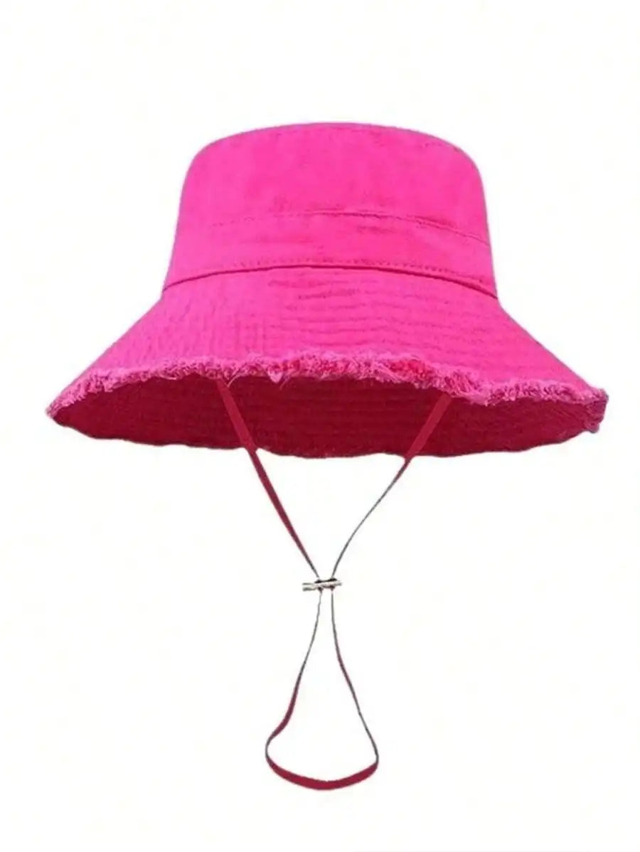 1 chapeau bob pour femme avec cordon de serrage et bords effilochés, chapeau bob d'extérieur avec sangle de menton réglable