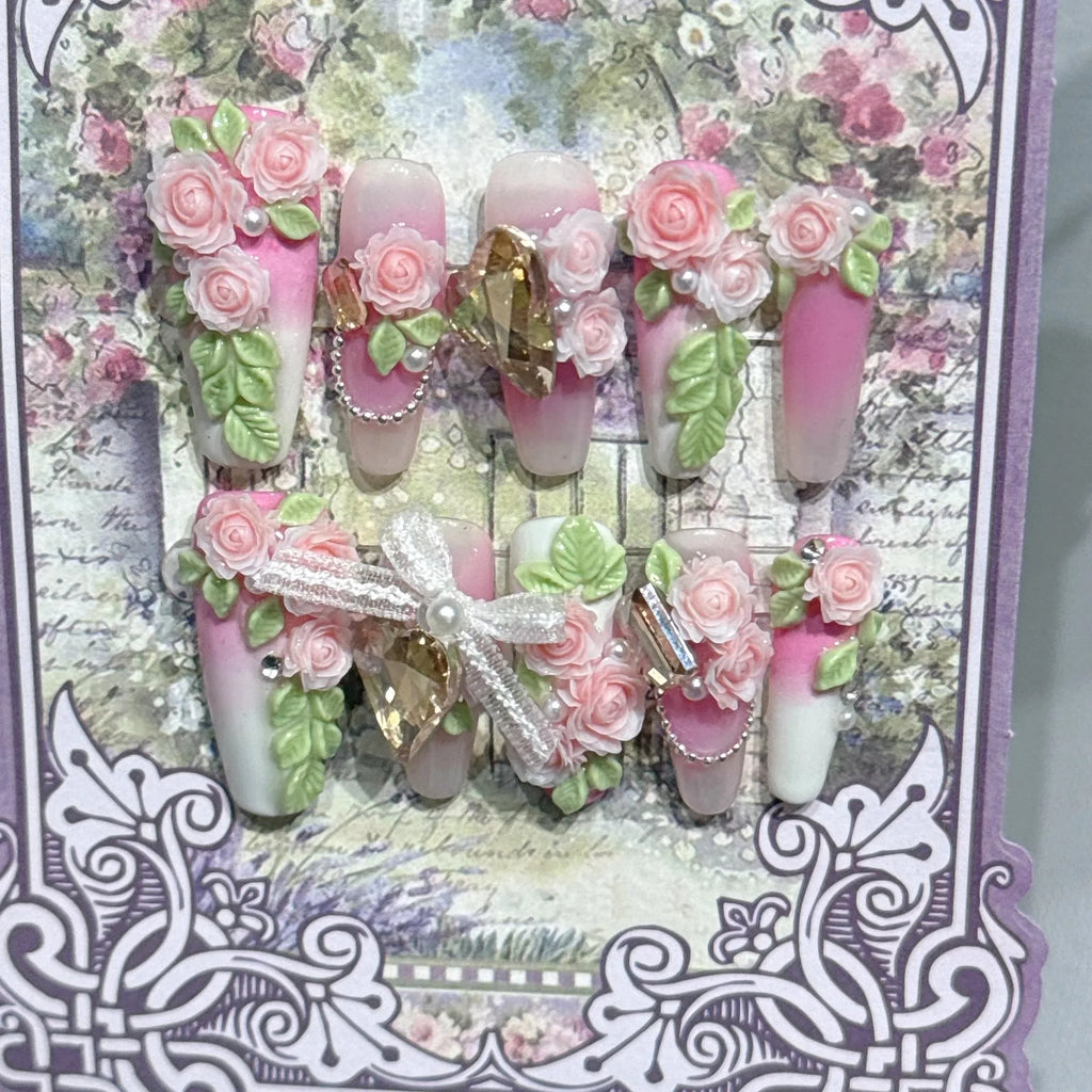 Romantique Floral 3D presse sur ongles à la main Roses feuilles perles arcs mariée mariage Nail Art faux ongles colle sur les ongles pour les femmes