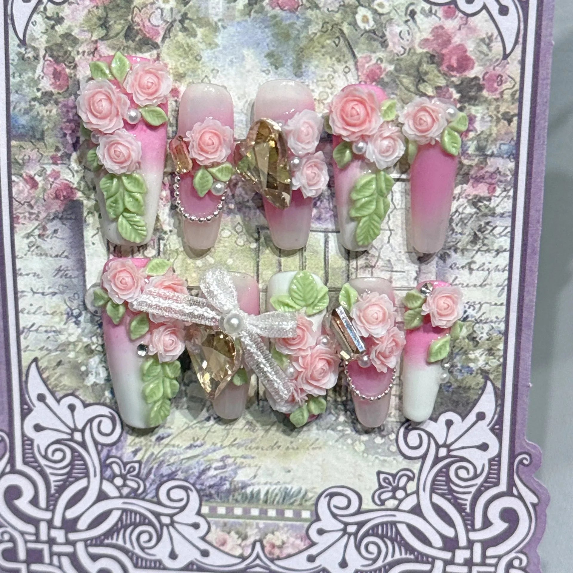 Romantique Floral 3D presse sur ongles à la main Roses feuilles perles arcs mariée mariage Nail Art faux ongles colle sur les ongles pour les femmes