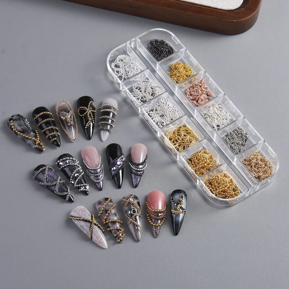 12 grilles de chaînes à ongles 3D en or, argent, gris foncé et rose, style gothique punk, breloques en métal pour nail art, chaînes en alliage, décorations pour manucure