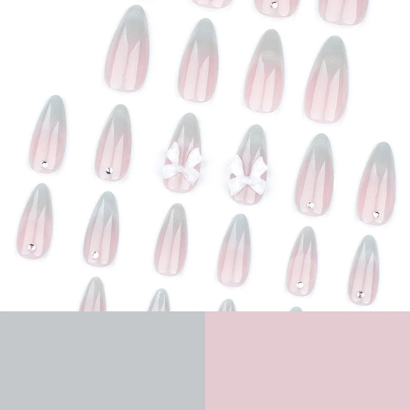 24 pièces doux oeil de chat français presse sur ongles diamant pointu tridimensionnel nœud papillon portable ongles pour femmes et fille amande ongles