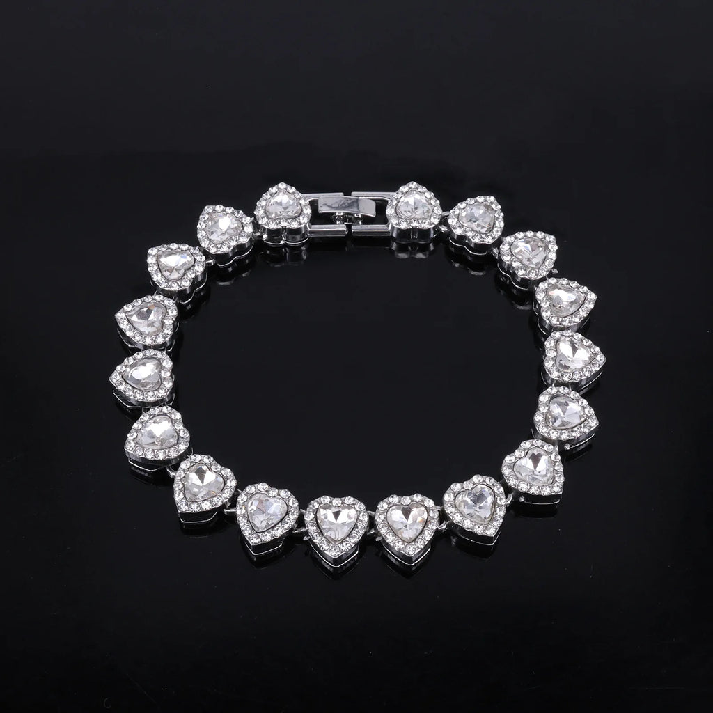 Yupsk 45CM/20CM coeur brillant strass Hip Hop Rock Tennis chaîne Bracelet collier pour femmes hommes à la mode ensemble de bijoux cadeau