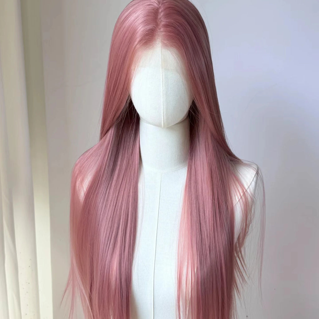 Perruque rose clair pour femme – Lace front 13x4, 26 pouces, longue et lisse, perruque synthétique en fibre douce naturelle résistante à la chaleur, idéale pour cosplay