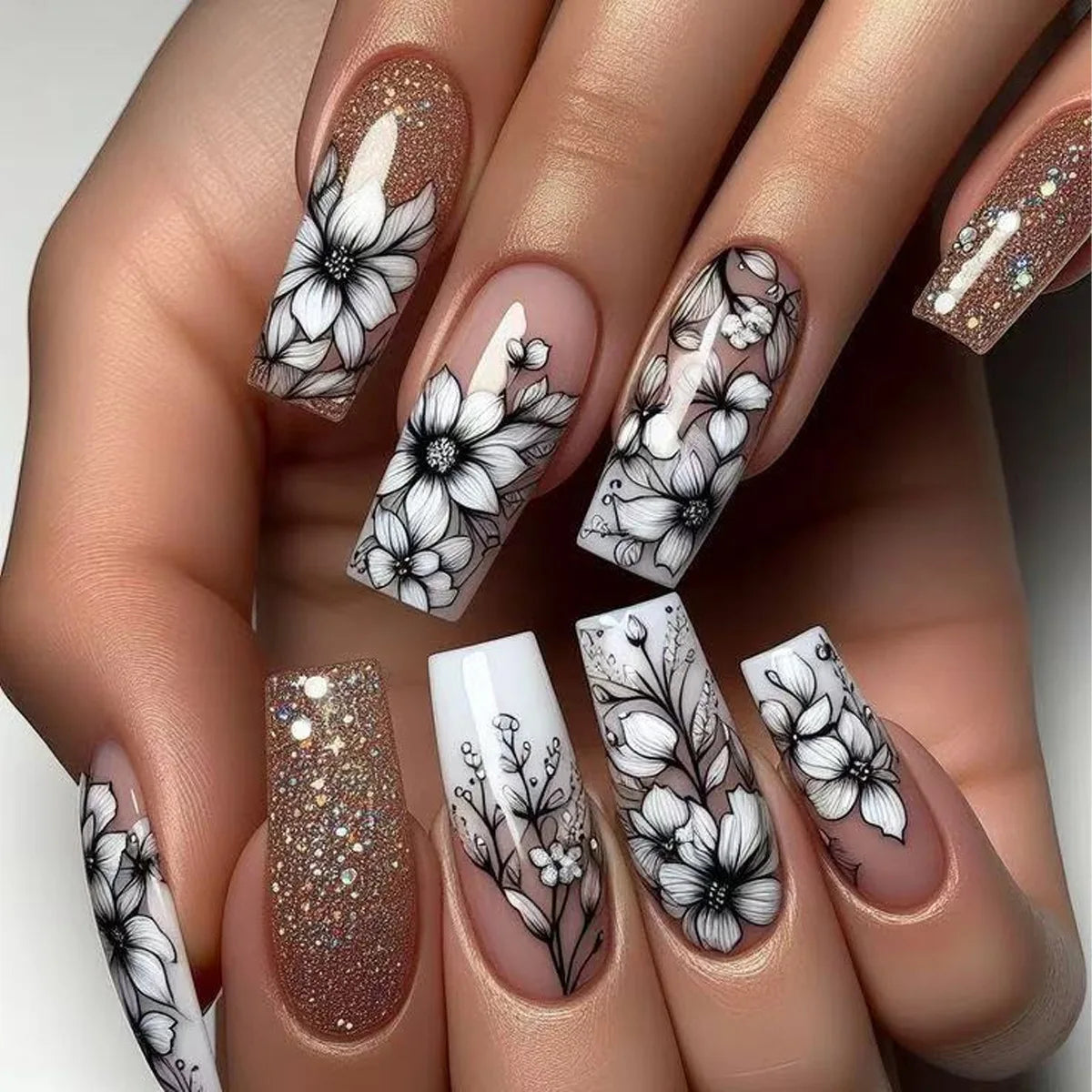 Faux Ongles Longs Bruns N64.Glitter Ballet Wearable, Design Français, Presse Complète sur Nail Ins, Nail Tips Art, 24Pcs