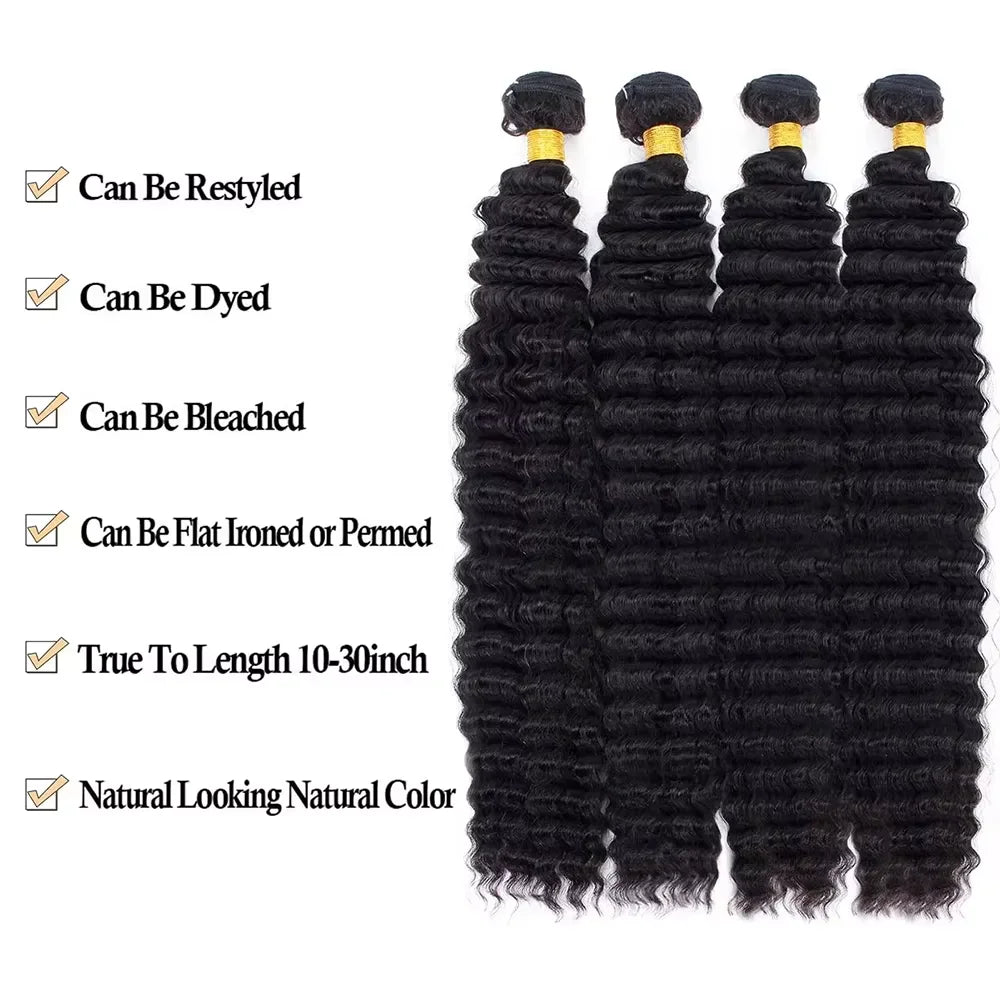 Extensions de cheveux brésiliens Remy, ondulés profonds, couleur naturelle, 38-40 pouces, non traités, 1/3/4 pièces