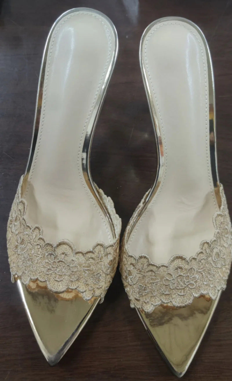 Sandales à talons hauts pour femmes, chaussures brodées en dentelle, mules sexy et confortables, chaussures de banquet, été, nouveau