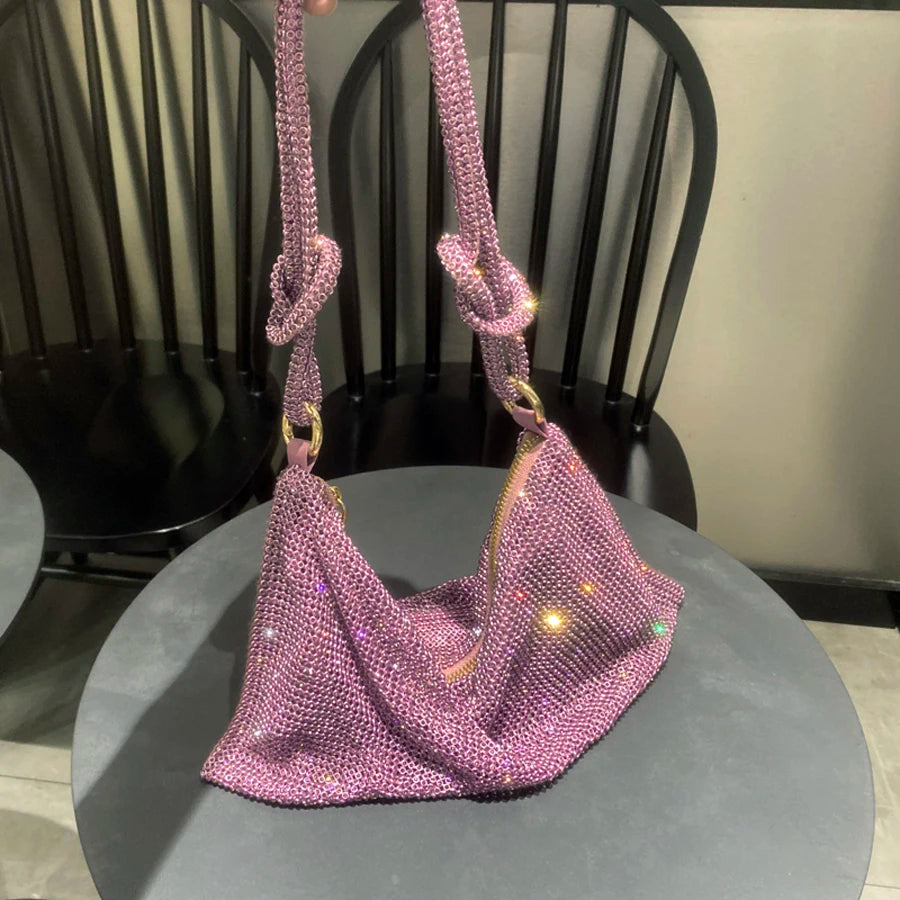 Sac à bandoulière type hobo de créateur de luxe, fait main, sac de soirée/clutch brillant avec strass, pochette en cristal, sac à main et sac hobo.
