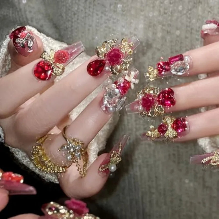 Faux Ongles de Luxe à Presser - Longs Ongles Cercueil 3D Faits Main Roses Mignons Réutilisables avec Strass, DIY Artificiels