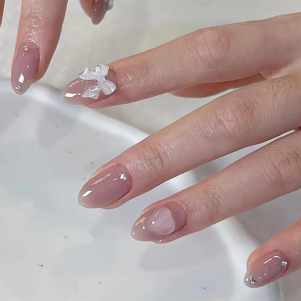 24 pièces doux oeil de chat français presse sur ongles diamant pointu tridimensionnel nœud papillon portable ongles pour femmes et fille amande ongles