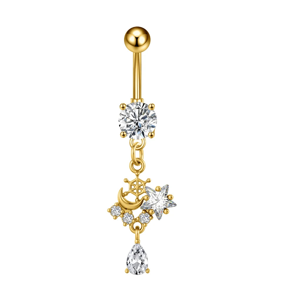 Anneaux de nombril série couleur or, carillon éolien, fleur pendante, cœur, anneau de ventre en acier inoxydable, bijoux de perçage de nombril, 1 pièce