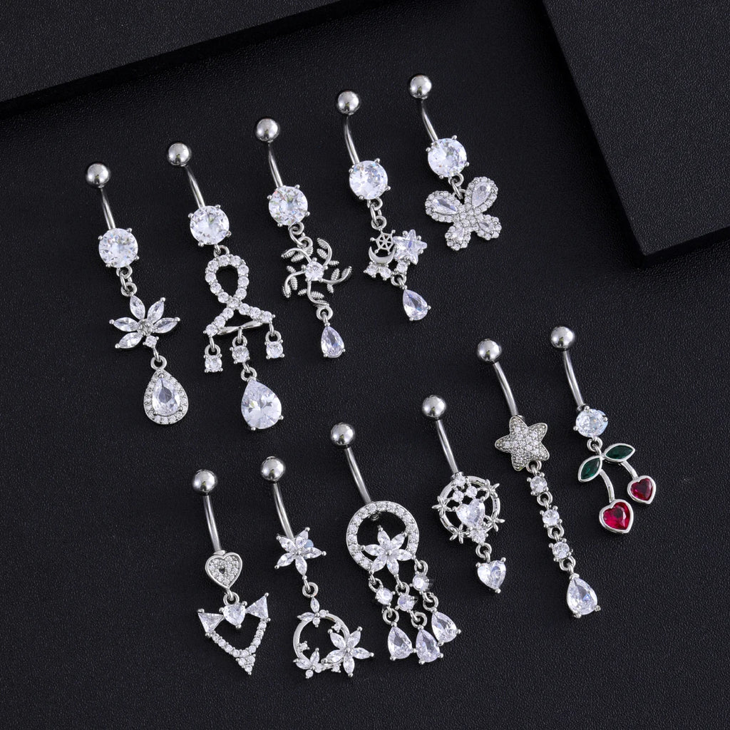 Anneaux de nombril série couleur or, carillon éolien, fleur pendante, cœur, anneau de ventre en acier inoxydable, bijoux de perçage de nombril, 1 pièce