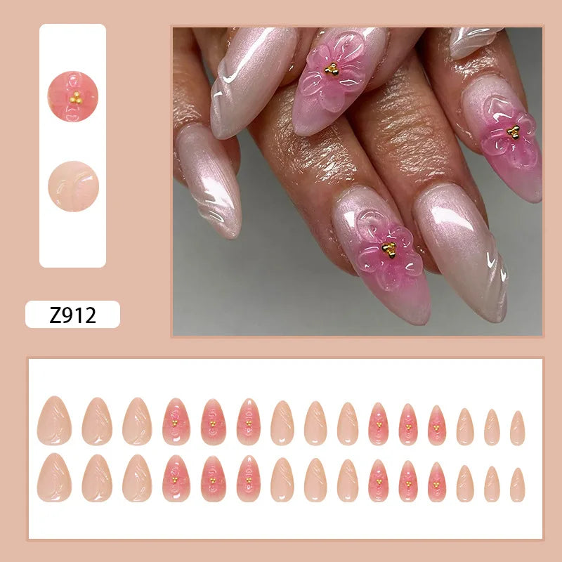 24 pièces de faux ongles à fleurs, style tendance, avec effet dégradé jaune et rose. Ongles portables à couverture complète, forme amande , à poser directement (Press-On Nails).