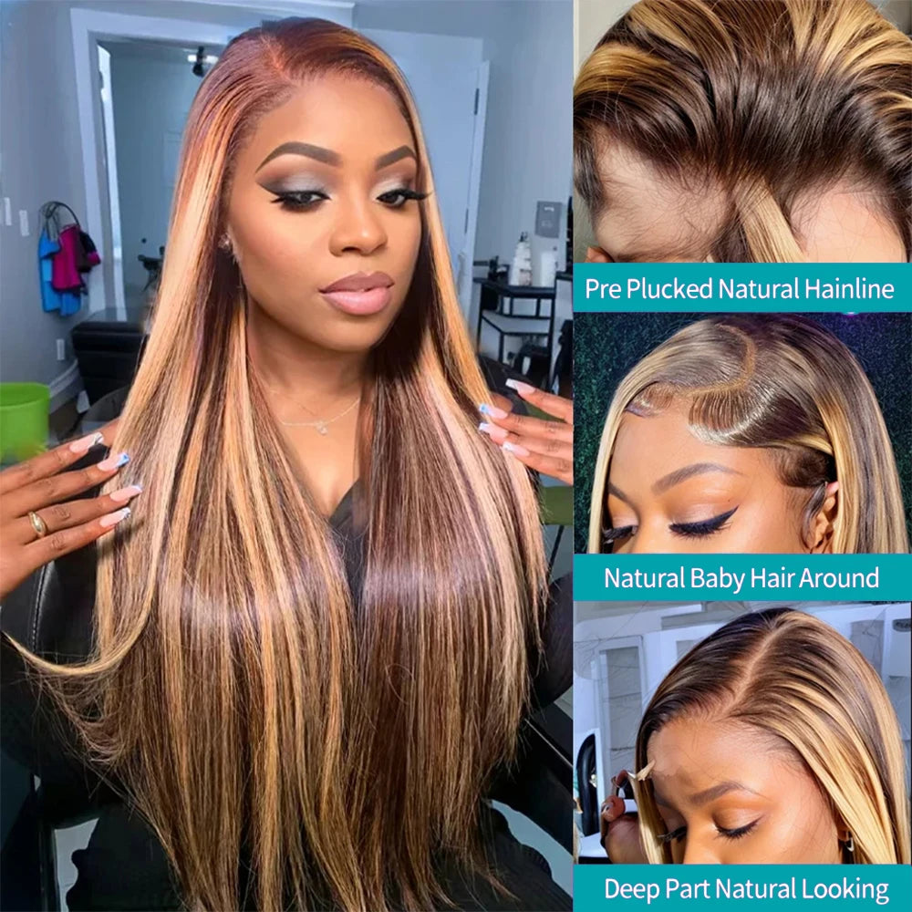 Perruque en cheveux humains P4/27 méchée, lace frontale 13x6, texture Bone Straight, couleur ombrée blond miel, pré-épilée avec baby hair.