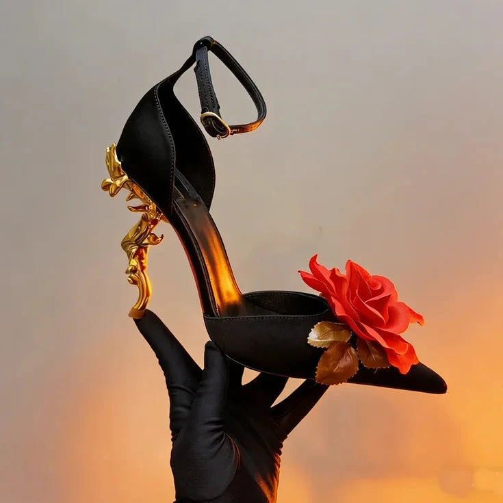 Chaussures de mariage décorées de roses rouges en satin, talon pointu original, nouvelles chaussures de printemps pour femmes, talons hauts de luxe