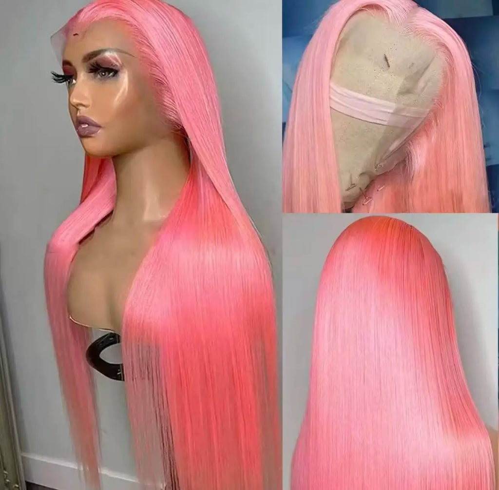 Perruque Lace Frontal Wig synthétique lisse et soyeuse de couleur rose, 13x4x1, sans colle, pre-plucked, pour femmes noires, cheveux doux pour fête quotidienne