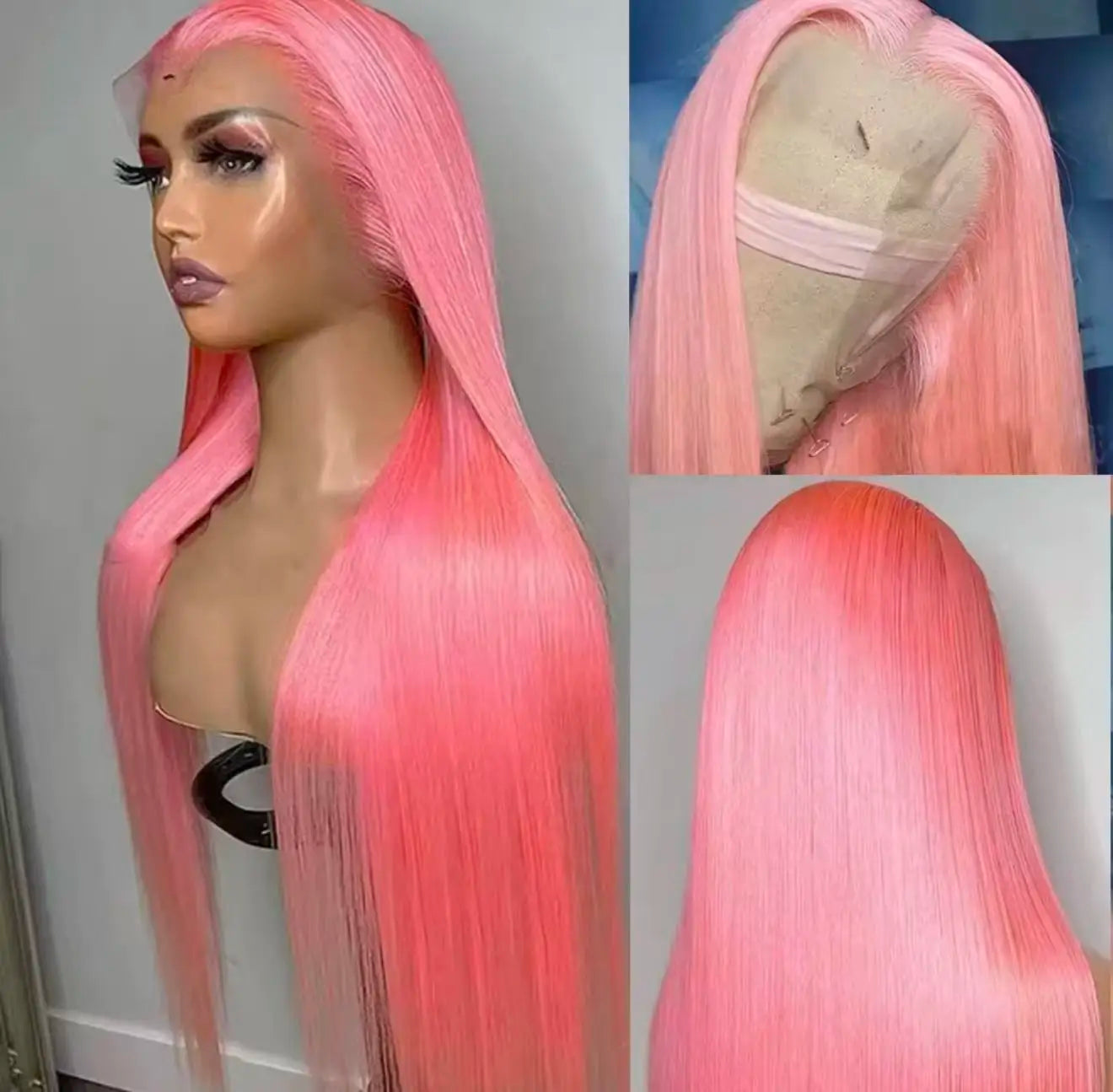 Perruque Lace Frontal Wig synthétique lisse et soyeuse de couleur rose, 13x4x1, sans colle, pre-plucked, pour femmes noires, cheveux doux pour fête quotidienne