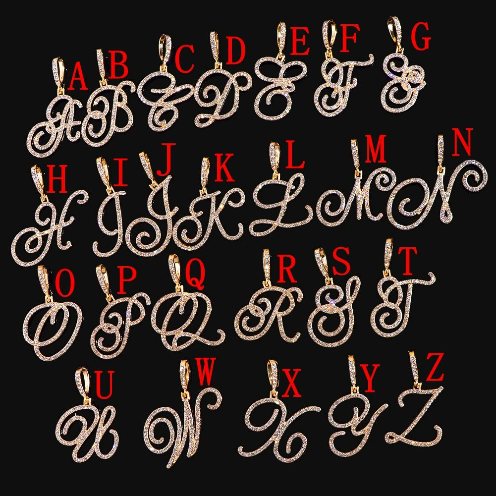 Collier avec lettre initiale en écriture cursive sertie de zircones cubiques (CZ) – Bijou style Hip-Hop couleur or ou argent, pendentif alphabet de A à Z, collier tendance et élégant.