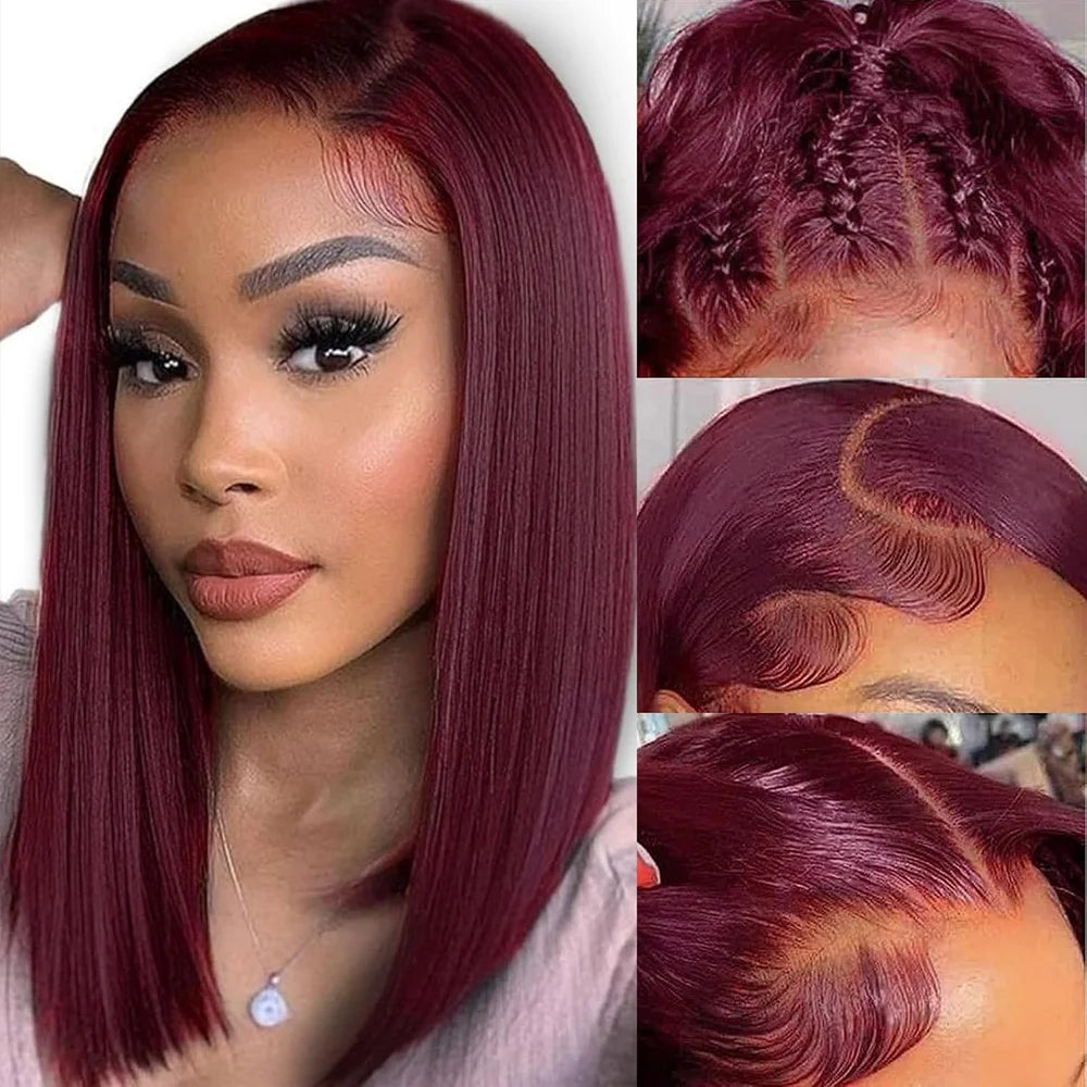 Perruques bob droites bordeaux 99J, prêtes à porter, sans colle, perruques en cheveux humains avec dentelle frontale 13x4, pré-coupées, sans colle, pour femmes, couleur rouge
