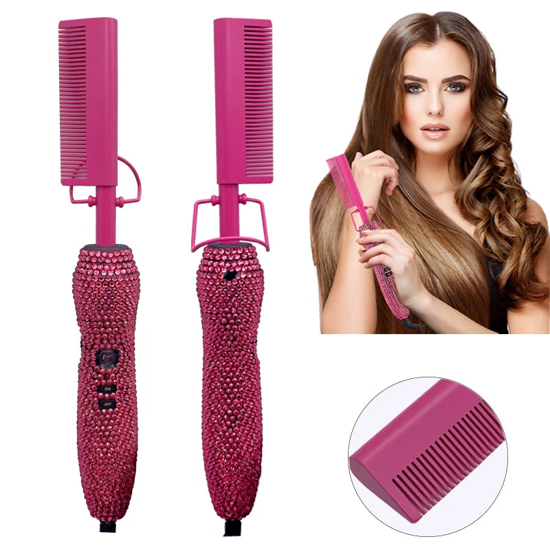 Peigne chaud 2 en 1 peigne chaud lisseur avec strass peigne chauffant électrique pente quente peigne chauffant lisseur cheveux outils