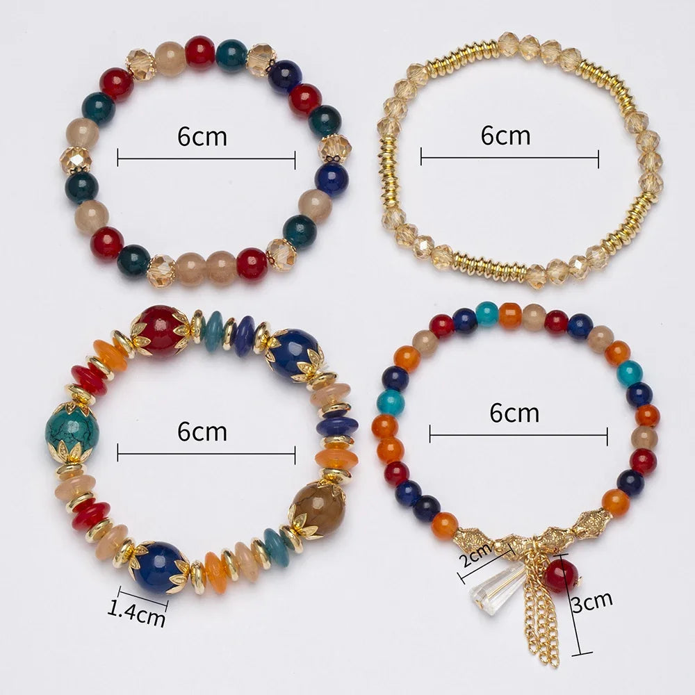 Ensemble de 4 bracelets empilables bohèmes , avec perles en verre, bracelets extensibles à plusieurs rangs avec breloques, bijoux de mode pour femmes.