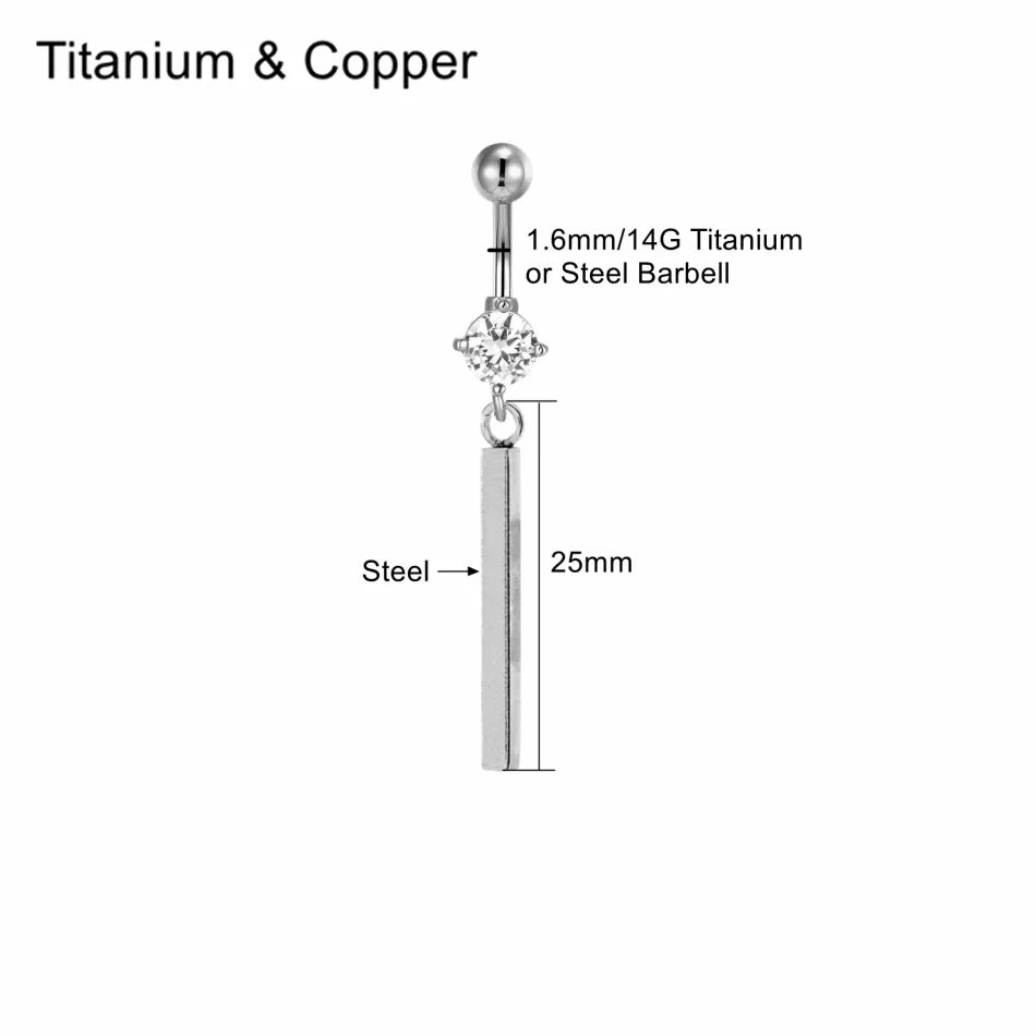 Piercing de nombril 14G en titane – barre de barbell, acier inoxydable, pendentif à strass en forme de pointe cône, style minimaliste punk, bijou de corps pour homme et femme