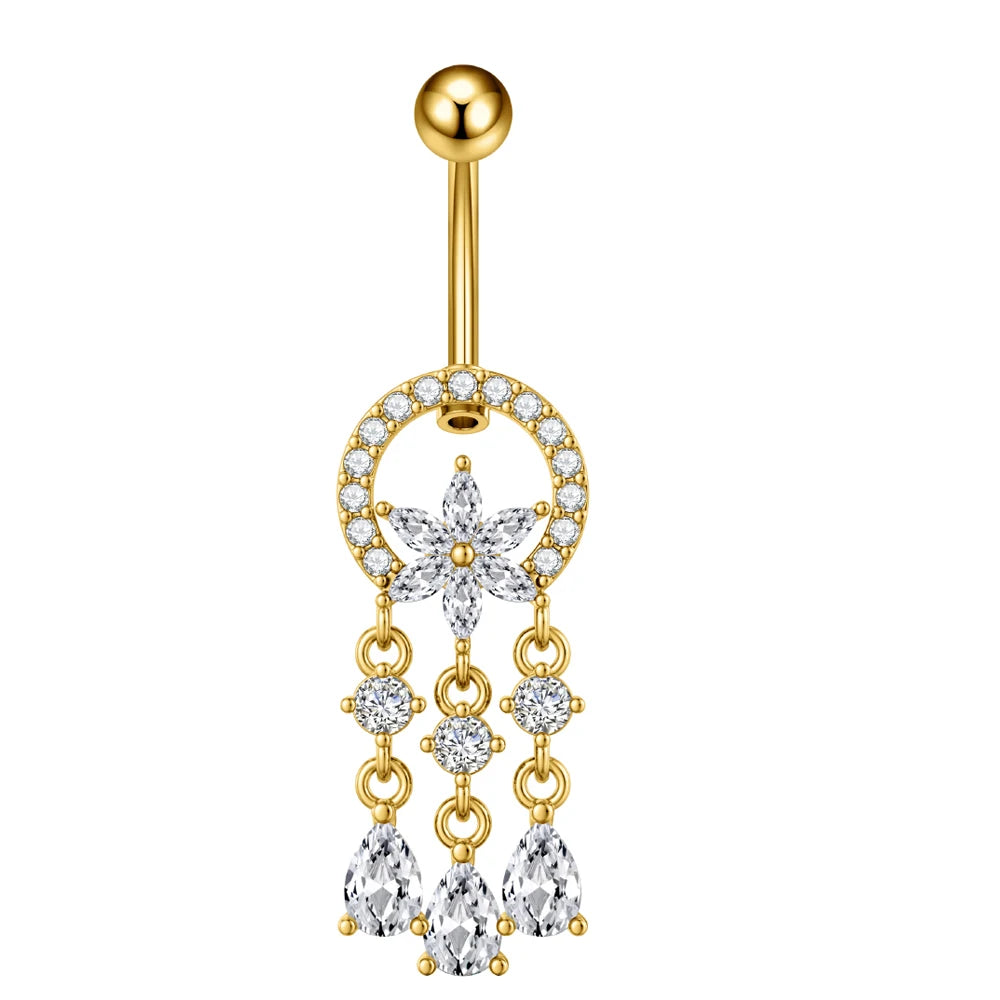 Anneaux de nombril série couleur or, carillon éolien, fleur pendante, cœur, anneau de ventre en acier inoxydable, bijoux de perçage de nombril, 1 pièce