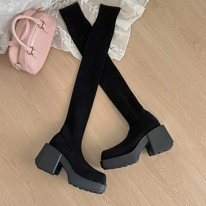 Bottes chaussettes au-dessus du genou pour femme, tailles 35 à 40. Modèle d’hiver en maille extensible, avec talons épais et plateforme. Bottes longues à enfiler, confortables et tendance pour femme.